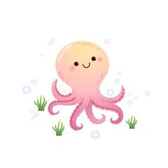 Vector illustration cute cartoon octopus underwater in the sea.