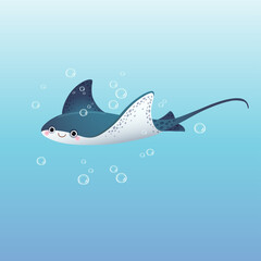 Fototapeta premium Vector illustration cute cartoon stingray swimming in the deep blue sea.