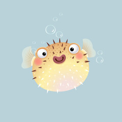 Vector illustration cute cartoon puffer fish on gray background. © kankhem