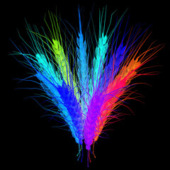 Colorful spikelets design. 3d render. On a black background.