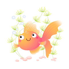 Vector illustration cute cartoon goldfish in an aquarium.
