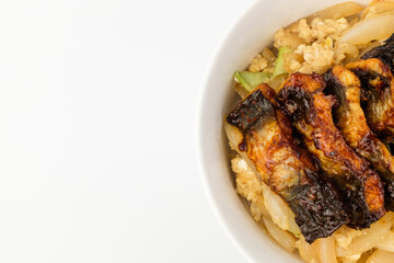 Eel rice bowl on white background