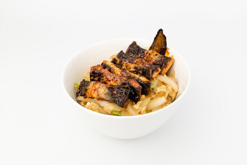 Eel rice bowl on white background