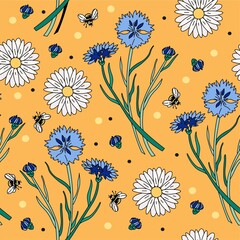 Vector seamless pattern-cute cornflowers and daisies with bees. Floral summer background. - 356643864