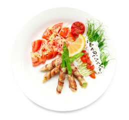 Bacon wrapped asparagus grilled with pea sprouts roll  salad on top greek yogurt sprinkle black sasemi and tomato salad on top chedda cheese decorate with lemon and carved tomato style top view