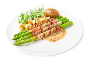 Bacon wrapped asparagus grilled with sasemi sauce and pea sprouts roll in chili  salad black sasemi decorate bake potato chedda cheese side view isolated on white background