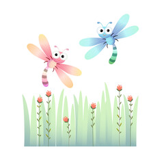 Vector illustration of cute dragonflies flying over the grass.