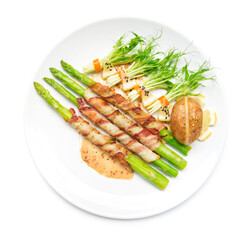 Bacon wrapped asparagus grilled with sasemi sauce and pea sprouts roll in chili  salad black sasemi decorate bake potato chedda cheese top view isolated on white background