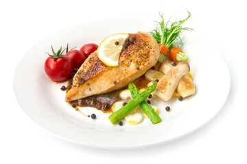 Grill Chicken breast  or chicken steak with black peppers sauce topped black peppers decorate asparagus,oyster mushroom,tomato and lemon carved style  side view isolated on white background
