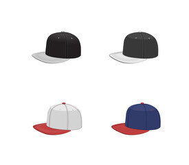 Baseball cap snap back set. cartoon vector hip hop design boy hat. isolated street snapback graphic illustration.