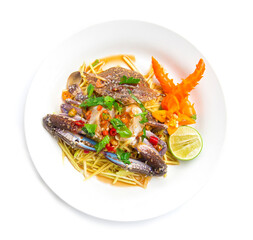 Spicy Mango salad with blue crab Thai spicy food appetizer Thailand food goodtasty decorate with chili carved top view  isolated on white background