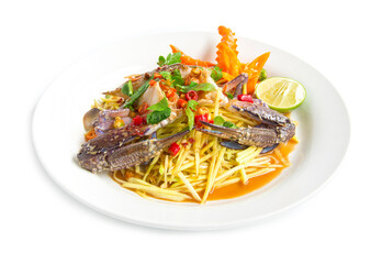 Spicy Mango salad with blue crab Thai spicy food appetizer Thailand food goodtasty decorate with chili carved side view  isolated on white background
