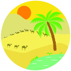 Fototapeta na wymiar Desert with camels and an oasis. Vector color flat image in a circle. Image for your design, design, print.