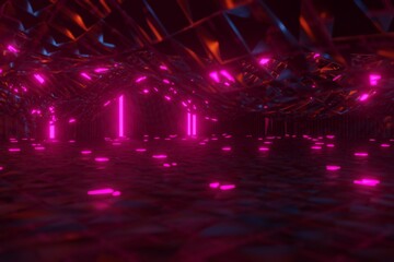 Fototapeta premium 3d render, glowing lines, tunnel, neon lights, virtual reality, abstract background, square portal, arch, blue spectrum vibrant colors, laser show