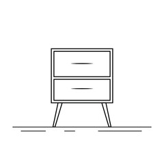 Vector icon of bedside table, modern furniture design. Bedside wooden chest of drawers, carpentry. Decorative table, linear pictogram. Dresser furniture line icon. Monochrome contour illustration.