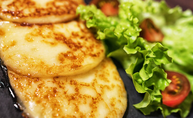 Grilled cheese with vegetables on the plate.