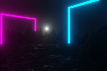 Empty background scene. rays of searchlights, neon blue and purple  light, highlights and lights. Night view of the scene. Dark background with spotlights.