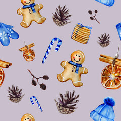 Watercolor hand painted Christmas seamless pattern including Christmas tree decoration, candies, gingerbread man, ginger cookies, knitted hat and mittens, cones.