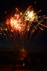 Fototapeta na wymiar Colorful festive fireworks on a black sky background.