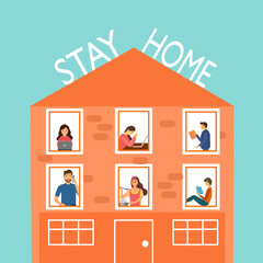 Stay at home self quarantine concept. People stay in room or apartment, working with laptop, reading book, cooking, on phone. Activities at home.