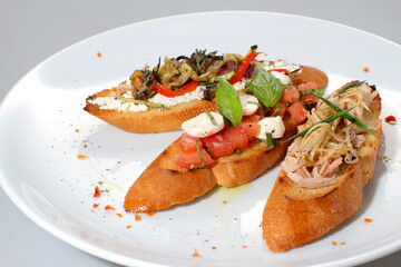 Fototapeta na wymiar Italian bruschetta with salmon, tuna, mozzarella and grilled vegetables on a white plate