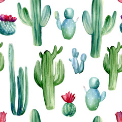 Watercolor hand painted seamless pattern with different cacti on white background.