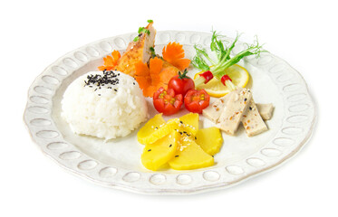 Breakfast set with rice on top black sesame