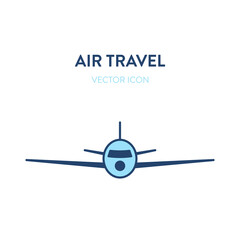 Naklejka na ściany i meble Plane vector icon. Vector illustration of front view of a big passenger airliner. Represents a concept of international flights, air travel, commercial flight, business trip