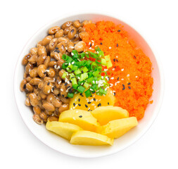 Rice don with natto, tobiko egg and pickled radish in soy sauce japan