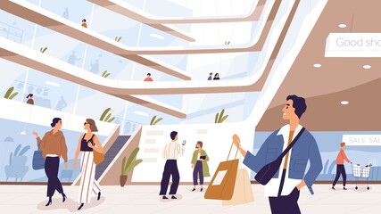 Joyful man and woman with packages inside shopping mall vector illustration. People customers taking selfie, talking, carrying trolley at modern outlet. Buyer person spending time at store or shop