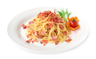 Spaghetti stir fried with bacon on top bacon crispy
