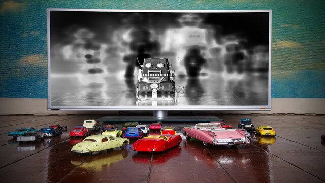 Drive-in Sci-fi film with retro toy cars