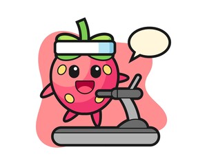 Strawberry cartoon walking on the treadmill