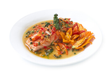 Salmon Spicy stir fried with Thai herbs