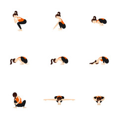 Garland pose modifications yoga asanas set/ Stylized woman practicing malasana variations