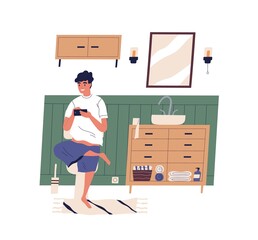 Smiling guy sitting on toilet surfing internet vector flat illustration. Funny male playing game, chatting, scrolling social networks or watching video on smartphone at bathroom isolated