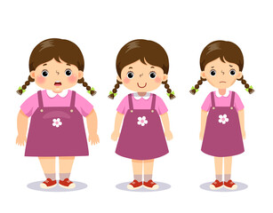 Vector illustration cute cartoon fat girl, average girl, and skinny girl. Girl with different weight.