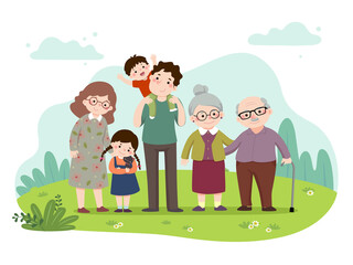 Vector illustration cartoon of a happy family in the park. Mother, father, grandparents, and children with a cat. Vector people.