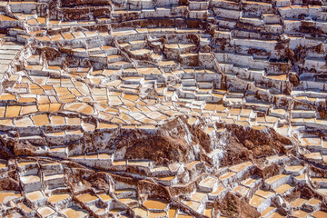 Aerial View of Salt pans Salineras de Maras in the Sacred Valley in Peru near Cusco