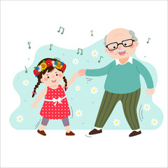 Vector illustration of cartoon happy old elderly grandpa dancing with his little granddaughter. Family enjoying time at home concept.