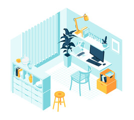 Isometric cabinet home furniture and accessories interior concept isolated white background