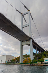 Bridge over the Bosphorus strait in Istanbul, Turkey. Connecting Europe and Asia. Suspension bridge pylon