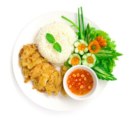 Hainanese crispy fried chicken rice with soya sauce