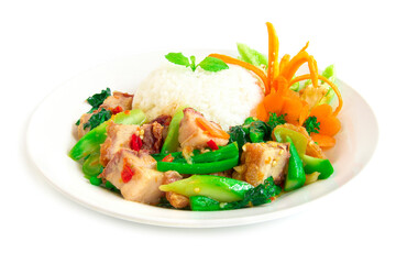 Thai food Stir-fried Crispy Pork spicy and Chinese kale