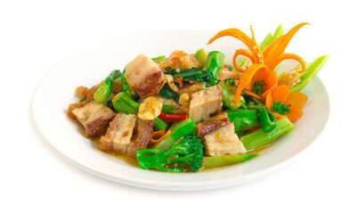 Thai food Stir-fried Crispy Pork spicy and Chinese kale