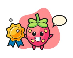 Strawberry cartoon holding a golden badge