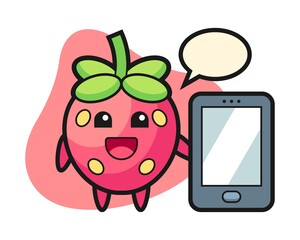 Strawberry cartoon holding a smartphone