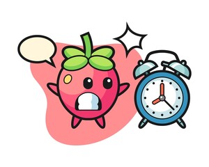 Strawberry cartoon surprised with a giant alarm clock