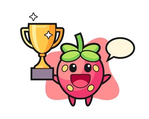 Strawberry cartoon happy holding up the golden trophy