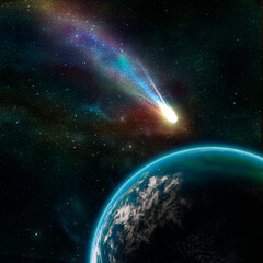 Earth in space with a flying asteroid